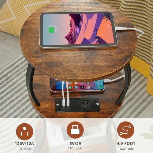 Miniatura 7 de Mesa auxiliar redonda pequeña con estación de carga, mesa auxiliar circular con cintura de 3 niveles con estante de almacenamiento, mesa auxiliar