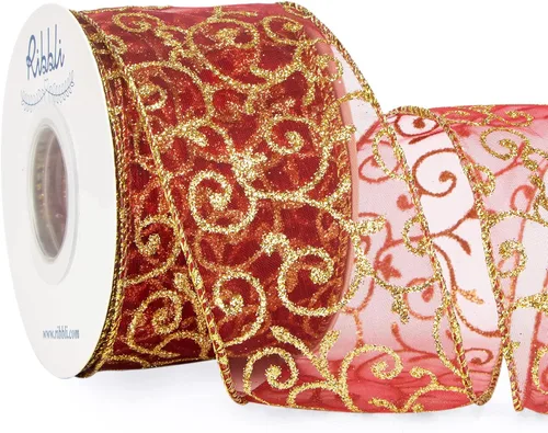 Ribbli - Cinta con alambre y brillantes remolinos, cinta transparente de organza burdeos con patrón de remolino de brillantes dorados y borde