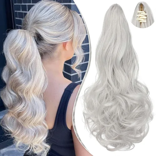 Miniatura 7 de Extensión de cola de caballo de 18 pulgadas, rizado, ondulado, con clip, extensiones de cabello largo sintético para mujer, color marrón claro