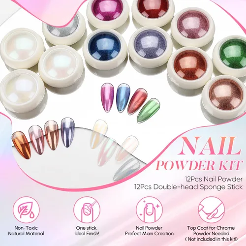 Miniatura 3 de AIMEILI Polvo de uñas de cromo perlado, vegano, libre de crueldad, 12 colores Aurora Metálico Holográfico efecto espejo pigmento para arte de uñas