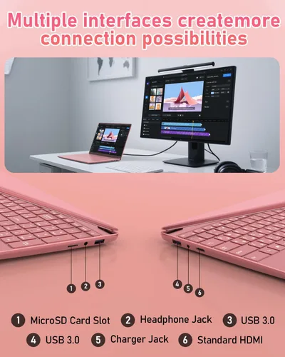 Miniatura 6 de Laptop Estudiantil FHD de 15.6" Rosa, 16GB DDR4 RAM 512GB PCIe SSD, Computadora Portátil con Teclado Retroiluminado, Apertura de 180°, Lector
