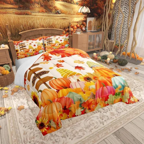 Miniatura 2 de Castle Fairy Juego de edredón de calabaza, hojas de arce para niños, niñas, mujeres, adultos, escena de otoño, casa de campo, edredón acolchado