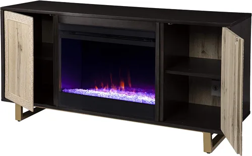 Miniatura 5 de SEI Furniture - Chimenea que cambia de color Wilconia con almacenamiento multimedia y detalles tallados - Diseño de transición, vidrio marrón