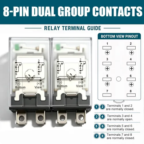 Miniatura 5 de mxuteuk 2 unidades JQX-13FL DC 12V Bobina de 8 pines de 10A DPDT con indicador LED Relé de potencia electromagnético, con base, con riel DIN