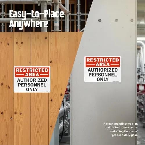Miniatura 6 de SmartSign Letrero de metal con texto en inglés "Restricted Area - Authorized Personnel Only" de 10 x 14 pulgadas, aluminio laminado a prueba