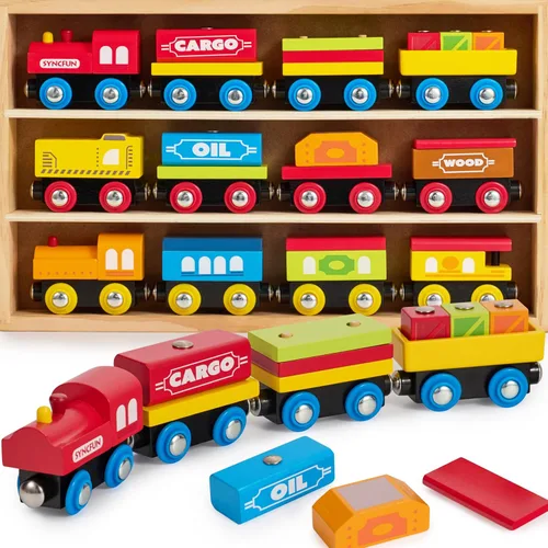 Miniatura 2 de Juego de tren de madera de 12 piezas y 110 piezas para niños de 2 a 8 años, tren magnético de la ciudad y Montessori, compatible con pistas