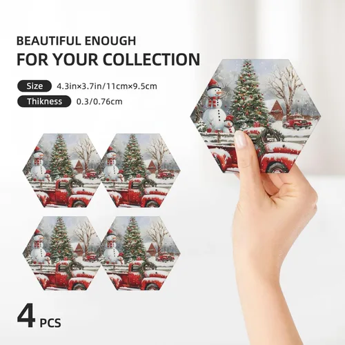 Miniatura 3 de Juego de 4 posavasos de invierno de Navidad para bebidas, camión rojo, árbol de Navidad, posavasos de cerámica absorbentes para mesa de café, bar