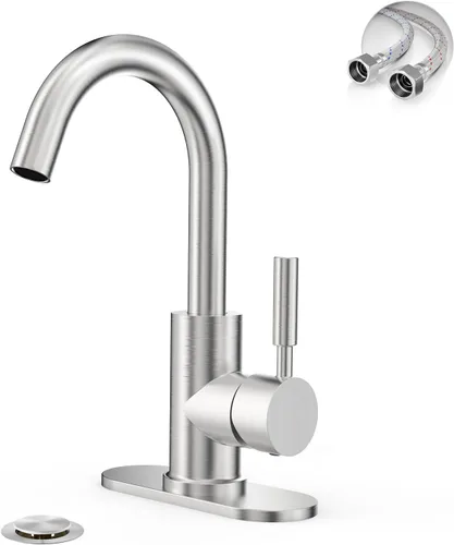 Phiestina WE08E-BN - Grifo de lavabo de baño de una sola manija con placa de cubierta de 4 pulgadas y drenaje de metal, apto para instalación de 1 o