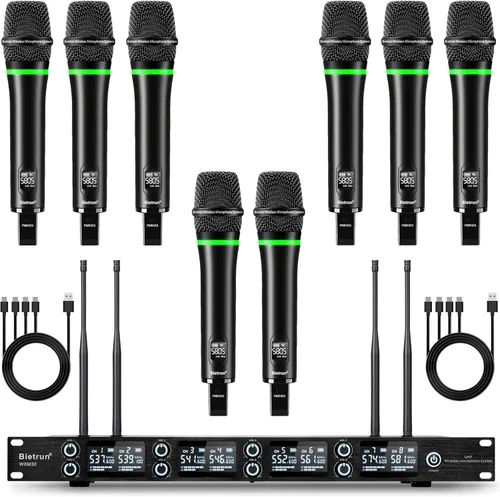 Bietrun Sistema de micrófono inalámbrico de 8 canales con 8 micrófonos recargables inalámbricos, rango UHF de 295 pies, micrófonos dinámicos vocales