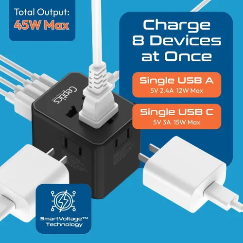 Miniatura 10 de Ceptics Adaptador de viaje universal 8 en 1 para la UE, Reino Unido, EE. UU., AU y más, adaptador de viaje mundial, 2X enchufe de EE. UU., enchufe
