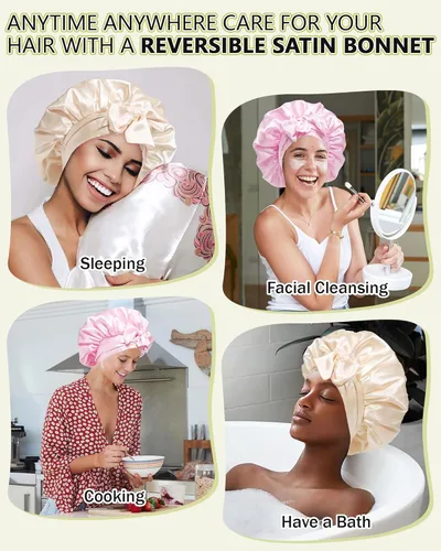 Miniatura 7 de Gorro de satén de seda para dormir, gorros reversibles para cabello rizado, gorro de noche de doble capa con banda de corbata (champán + rosa)