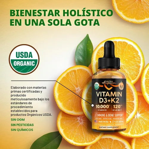 Miniatura 4 de Gotas Orgánicas USDA de Vitamina D3 K2 – Vitamina D3 10000 UI y K2 como MK-7 120mcg – Apoyo inmunológico y del estado de ánimo, salud de huesos