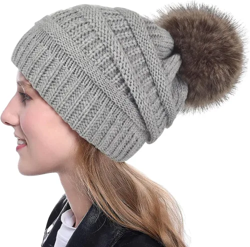 Miniatura 5 de Conjunto de guantes de gorro holgado para mujer, tejido de invierno, cálido, forro polar con bonito pompón