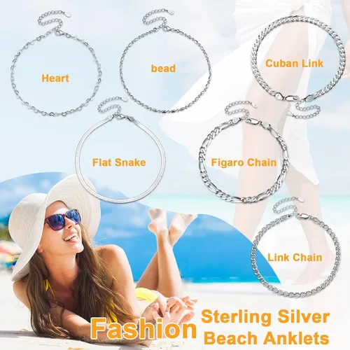 Miniatura 7 de SILVERCUTE Silver Ankle Bracelets for Women, Sterling Silver Initial Anklet Layer Wear Handmade A-Z Letter Anklet, FlowerFigaroCuban LinkHerringbone