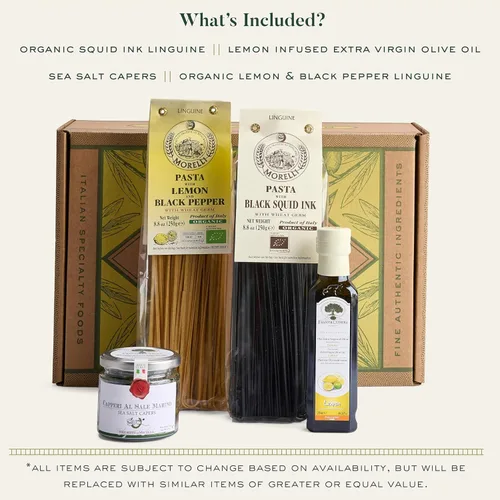 Miniatura 2 de Mercato di Bellina Cesta de regalo italiana de 4 piezas con tinta de calamar orgánica y pasta orgánica de limón, pimienta y limón, aceite de oliva