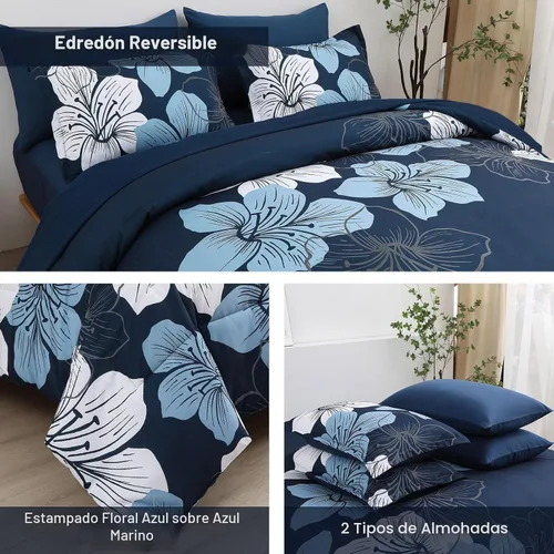 Miniatura 4 de Luxudecor Juego de edredón azul marino, tamaño Queen, 7 piezas de cama en una bolsa, juego de edredón floral azul marino y juego de sábanas, juego