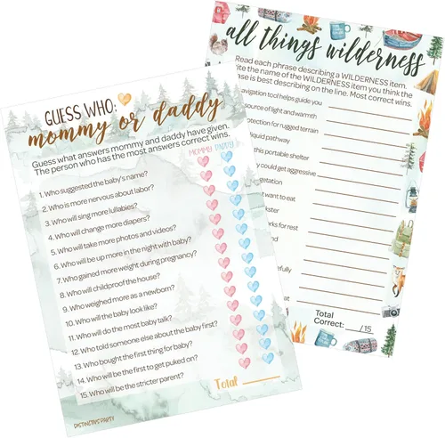 DISTINCTIVS Little Adventurer - Juego de Baby Shower - ¿Qué hay en tu teléfono y palabras Scramble? 20 tarjetas de doble cara - Juegos de baby