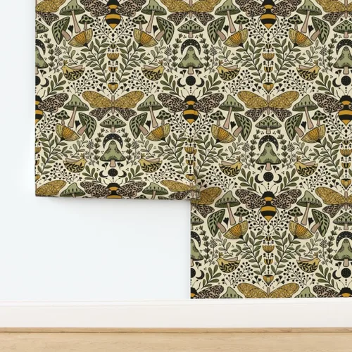 Miniatura 4 de Muestras de papel tapiz autoadhesivo - Nouveau Naturaleza Verde Amarillo Mariposa Naturaleza Bosque Plantas Art Nouveau Polilla Bohemia Abeja
