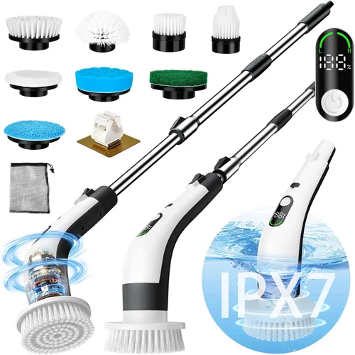 Miniatura 8 de Limpiador giratorio eléctrico inalámbrico con 8 cabezales de cepillo, limpieza de mano y ducha con mango ajustable, IPX7 impermeable para ducha