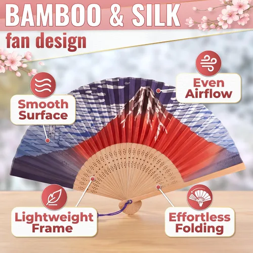 Miniatura 3 de Abanico japonés de seda, ventilador plegable de mano de bambú para mujer, paisaje de montaña japonés, abanicos vintage de 14.5 x 8.2 pulgadas
