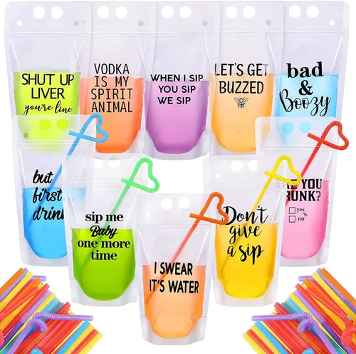 Miniatura 9 de 100 bolsas de doble cremallera para bebidas con 100 popotes y 30 bolsas de paletas plegables de mano resistentes para batidos, bebidas frías