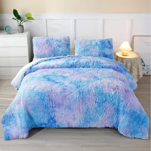 Miniatura 2 de PERFEMET Juego de cama de 3 piezas de felpa azul peluda tamaño queen, estampado de teñido largo, ropa de cama arcoíris de piel sintética para niñas