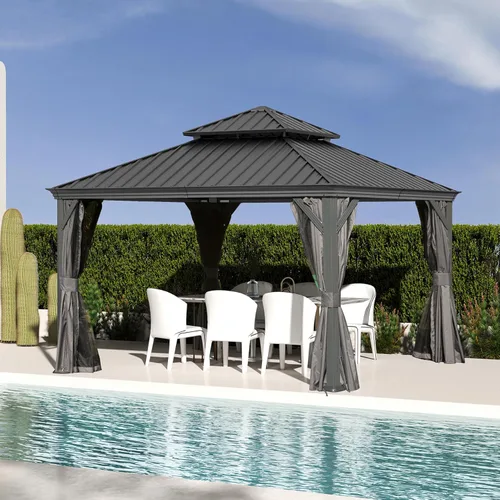 Miniatura 49 de Domi - Cenador de techo rígido de 8 x 8 pies con malla y cortinas, cenador para exteriores con techo doble de acero galvanizado para patio, césped