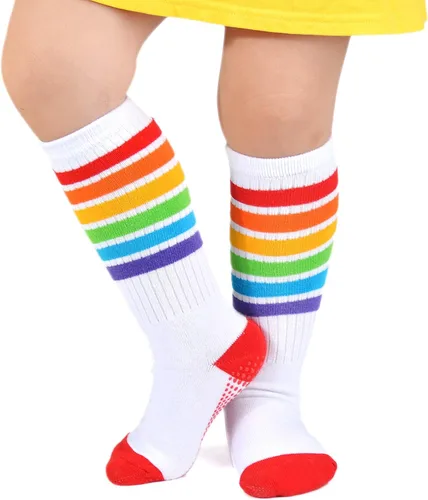 Miniatura 5 de EPEIUS Calcetines altos a la rodilla con rayas arco iris para bebé, medias de tubo antideslizantes, calcetines de fútbol para niños pequeños y niños