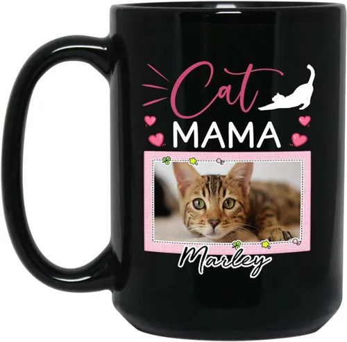 Miniatura 19 de Taza de cerámica negra personalizada para elegir nombre y foto con texto en inglés "Best Cat Dad Ever Just Ask", taza de café personalizada de 11
