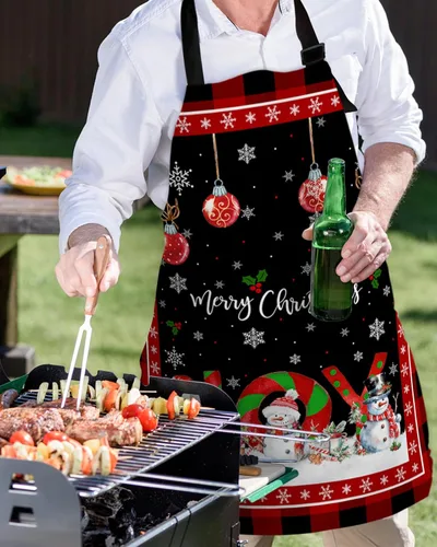 Miniatura 5 de Christmas Bib Aprons with Pockets Waterproof, Adjustable Apron for Men Women Joy Xmas Tree Snowman Winter Snowflake Red Black Plaid