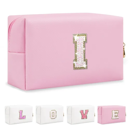 Miniatura 92 de Pequeña bolsa de maquillaje personalizada con inicial A-Z Preppy Patch, bolsa de cosméticos de viaje de felpilla blanca con cremallera, bonita bolsa