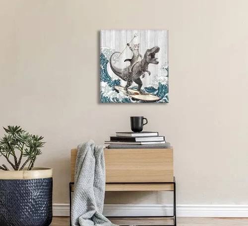 Miniatura 4 de WWN Divertido arte de pared de dinosaurio para montar en gato, divertido arte de pared de T-Rex Surfing, pintura para decoración de pared, póster