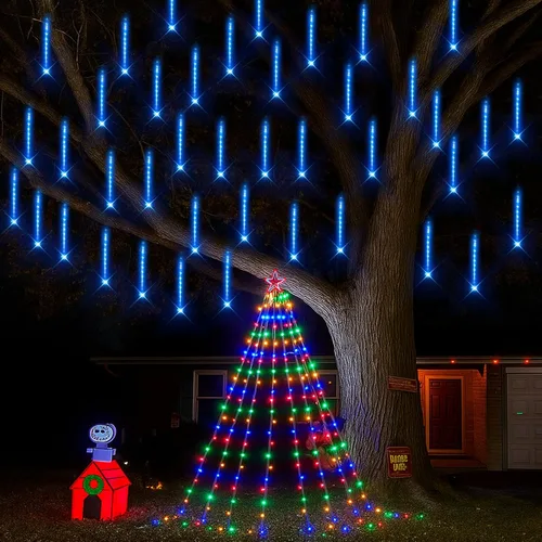 Juego de decoración navideña para exteriores: luces de cascada multicolor y luces de carámbano azules de tamaño más largo