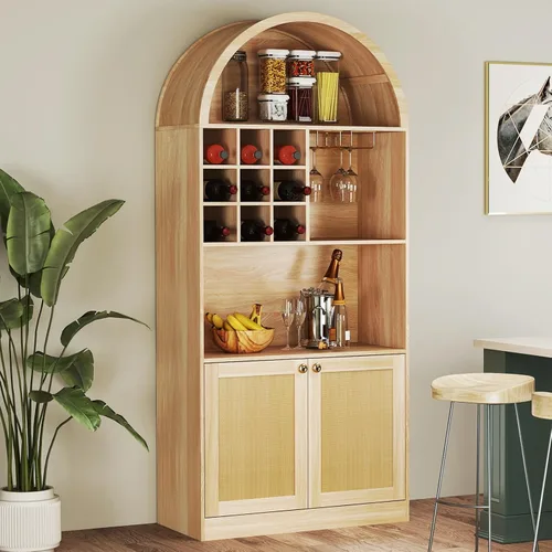 Miniatura 10 de COSVALVE Armario de barra arqueado de 71 pulgadas de alto, gabinete de barra de café de mediados de siglo con almacenamiento, gabinetes de licor
