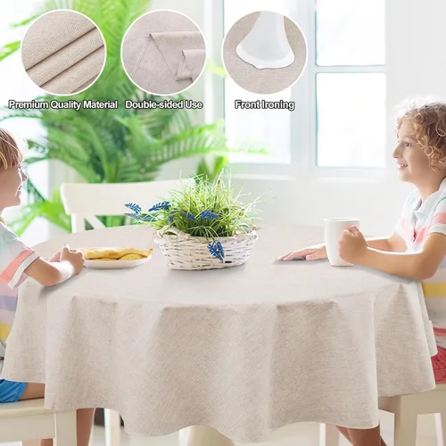 Miniatura 2 de Smiry Mantel redondo de lino sintético, mantel de tela de arpillera impermeable, fundas decorativas lavables para cocina, comedor, fiestas, 60 x 60