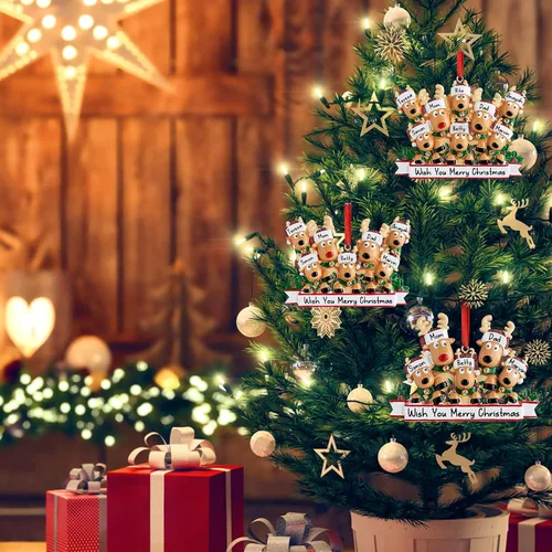 Miniatura 5 de Adornos de Navidad de renos 2021, con texto personalizable, familia de 3