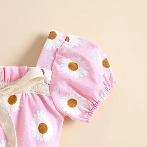 Miniatura 3 de Enterizo de verano de algodón para bebé recién nacida con estampado floral cuello cuadrado manga corta