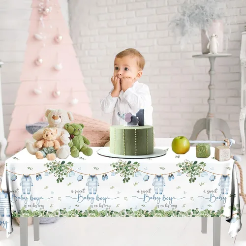Miniatura 2 de Paquete de 3 manteles decorativos para baby shower, acuarela Greenery A Sweet Baby Boy Is On The Way Baby Shower, mantel impermeable para baby