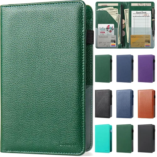 Miniatura 18 de Libreta de mesera para camarera, organizador de cuero con bolsillo con cremallera, folleto para personal de restaurante, soporte para cheques de Café