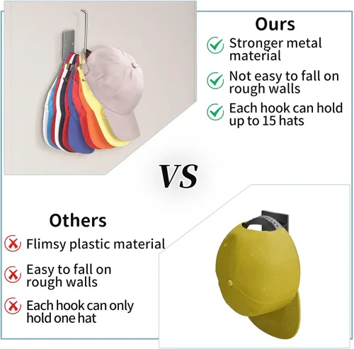 Miniatura 4 de Percheros para gorras de béisbol, paquete de 2 ganchos adhesivos de acero inoxidable para colgar sombreros para pared, organizador de ganchos
