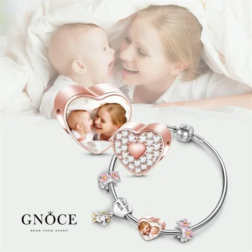 Miniatura 4 de GNOCE Custom Photo Charms Bead Heart Shaped Sterling Silver Personalized Charm With Cz fit Bracelet Necklace For Women Family Memorial Girls