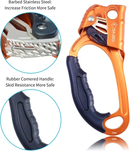Miniatura 4 de Ascensor de mano CE, equipo de engranaje de rapel de 308.6 lbs con mango de goma ergonómico para arbolista de árboles de escalada en roca, Izquierda