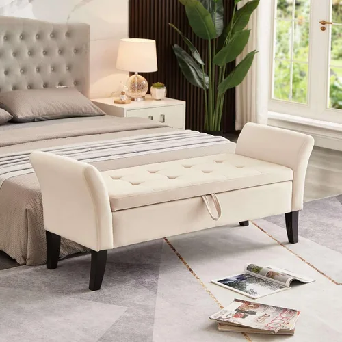Miniatura 5 de Banco otomano tapizado de tela de terciopelo de 51.5 pulgadas con almacenamiento y brazos, asiento acolchado con patas de madera maciza, asiento