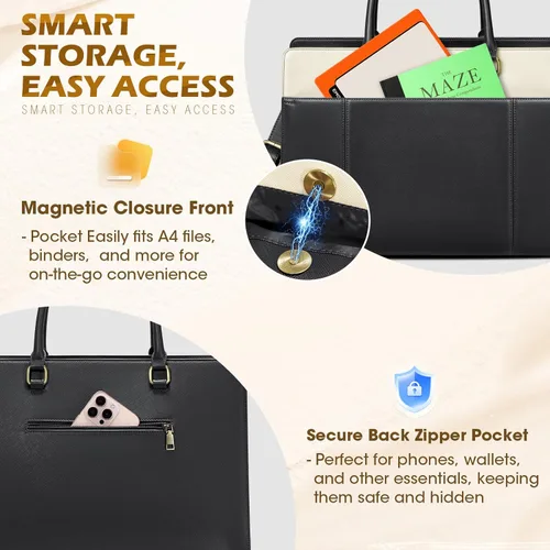 Miniatura 4 de RAINSMORE Bolsa de cuero para laptop de 15.6 pulgadas para mujer, bolsa de mano grande para computadora, impermeable, para negocios, oficina