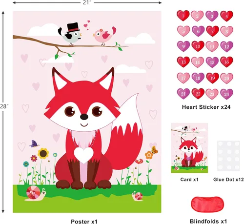 Miniatura 2 de PLULON Juego de San Valentín para niños, pin corazón en zorro con 24 calcomanías de corazón, póster para niñas y niños, decoraciones de fiesta