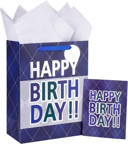 Loveinside Bolsa de regalo a cuadros azul marino con texto en inglés «Happy Birthday» impresa, tamaño mediano con papel de seda, etiqueta, tarjeta