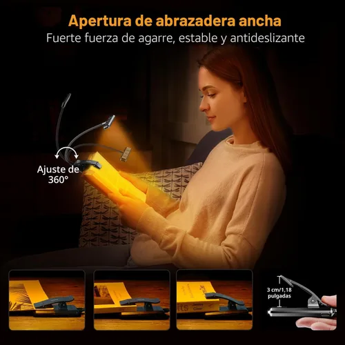 Miniatura 7 de Gritin Luz de Lectura Recargable de 19 LED para Leer en la Cama con Función de Memoria, Cuidado de los Ojos, 3 Temperaturas de Color, Brillo