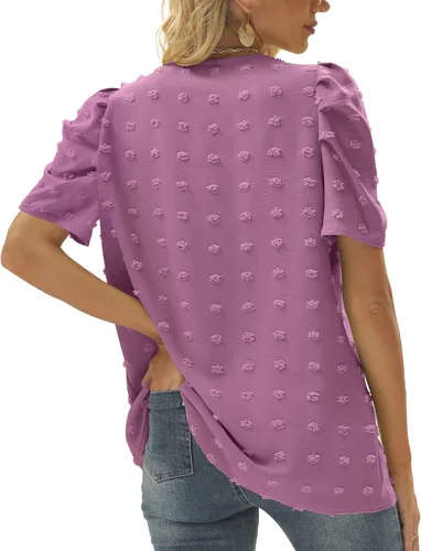 Miniatura 4 de FAPPAREL Camisetas de manga corta para mujer, blusas de gasa con cuello en V, lindas blusas de manga abombada