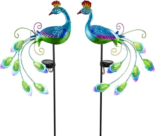 Miniatura 15 de DREAMSOUL Estacas de luz solar de jardín de pavo real de metal al aire libre decorativas - Luz de camino LED solar impermeable de pavo real