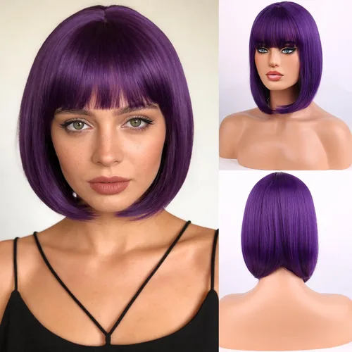 Miniatura 10 de Pelucas negras para mujeres y niñas, peluca corta y recta negra con flequillo, pelucas sintéticas resistentes al calor, para fiestas de disfraces
